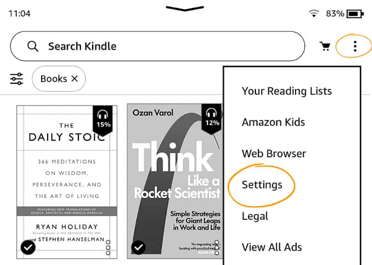 kindle 3 dots settings